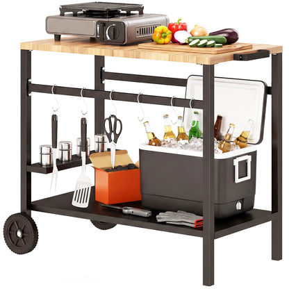 2-Tier Mobile BBQ Cart with Wood-Effect Top, Drink Holder, Hooks & Wheels — Black/Brown