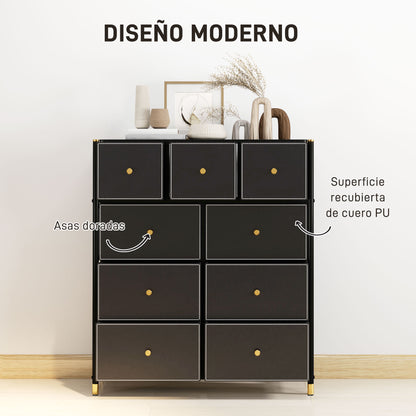 Fabric Chest of Drawers with 9 Foldable Drawers with PU Fronts and Steel Frame for Bedroom Living Room Black