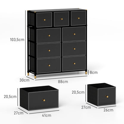 Fabric Chest of Drawers with 9 Foldable Drawers with PU Fronts and Steel Frame for Bedroom Living Room Black