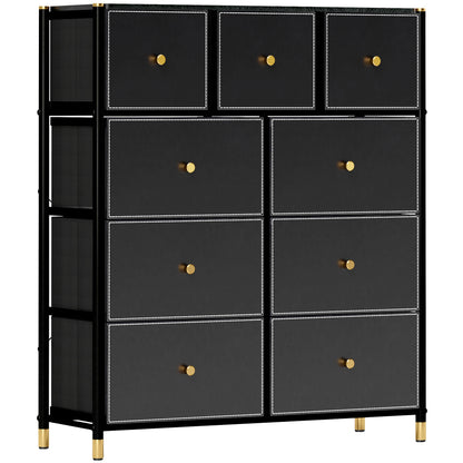 Fabric Chest of Drawers with 9 Foldable Drawers with PU Fronts and Steel Frame for Bedroom Living Room Black