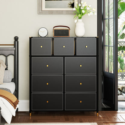 Fabric Chest of Drawers with 9 Foldable Drawers with PU Fronts and Steel Frame for Bedroom Living Room Black