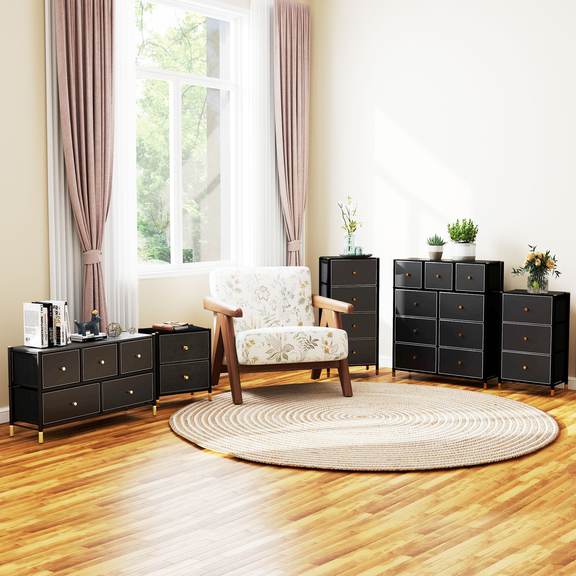 Fabric Chest of Drawers with 9 Foldable Drawers with PU Fronts and Steel Frame for Bedroom Living Room Black