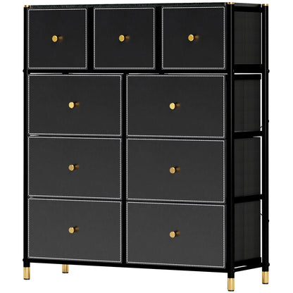 Fabric Chest of Drawers with 9 Foldable Drawers with PU Fronts and Steel Frame for Bedroom Living Room Black