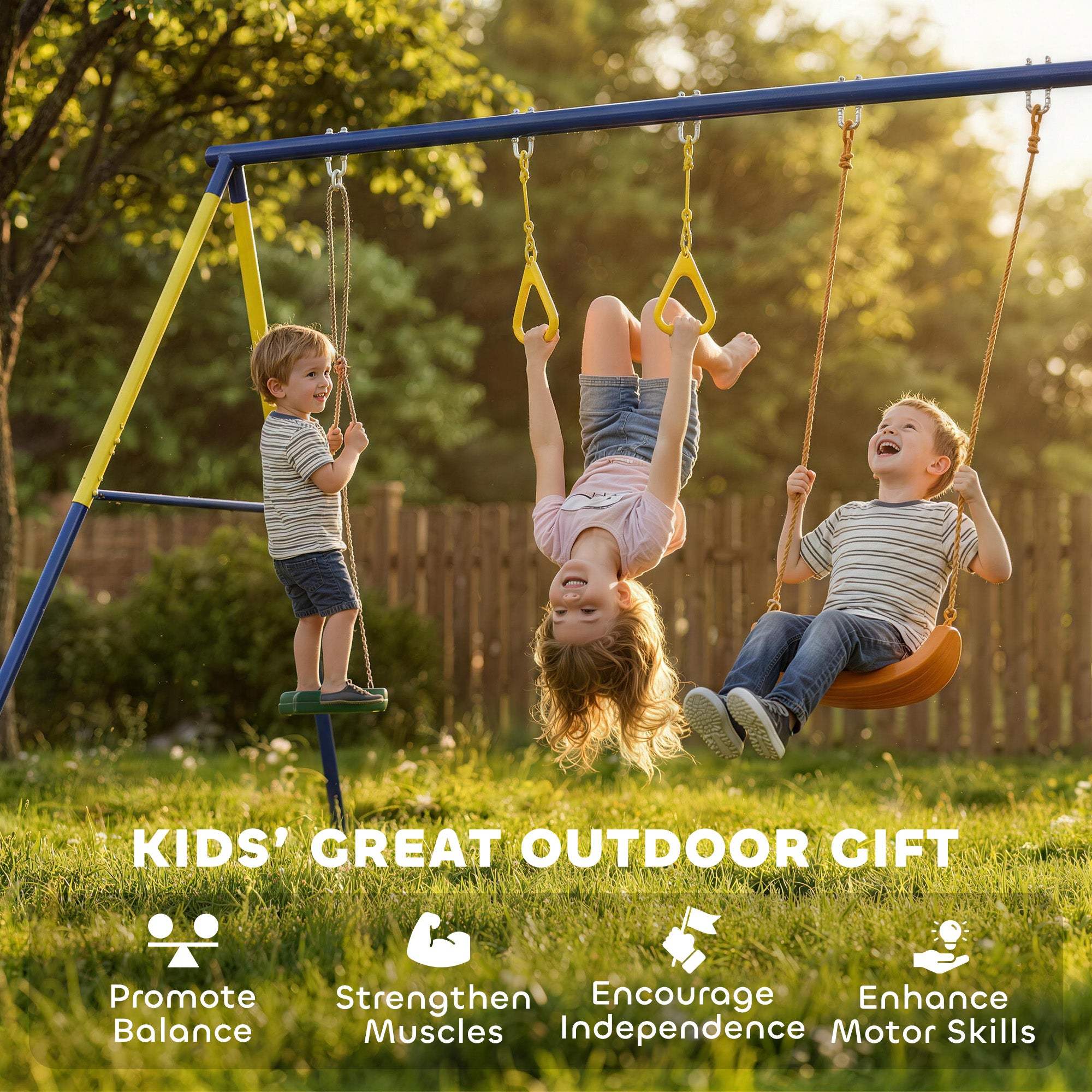 3-in-1 Kids Garden Swing Set with Standing Swing & Gym Rings, A-Frame Steel, Double Swings, 331 lb Capacity, Outdoor, Ages 3-8, 112.2 x 63 x 71.3 in