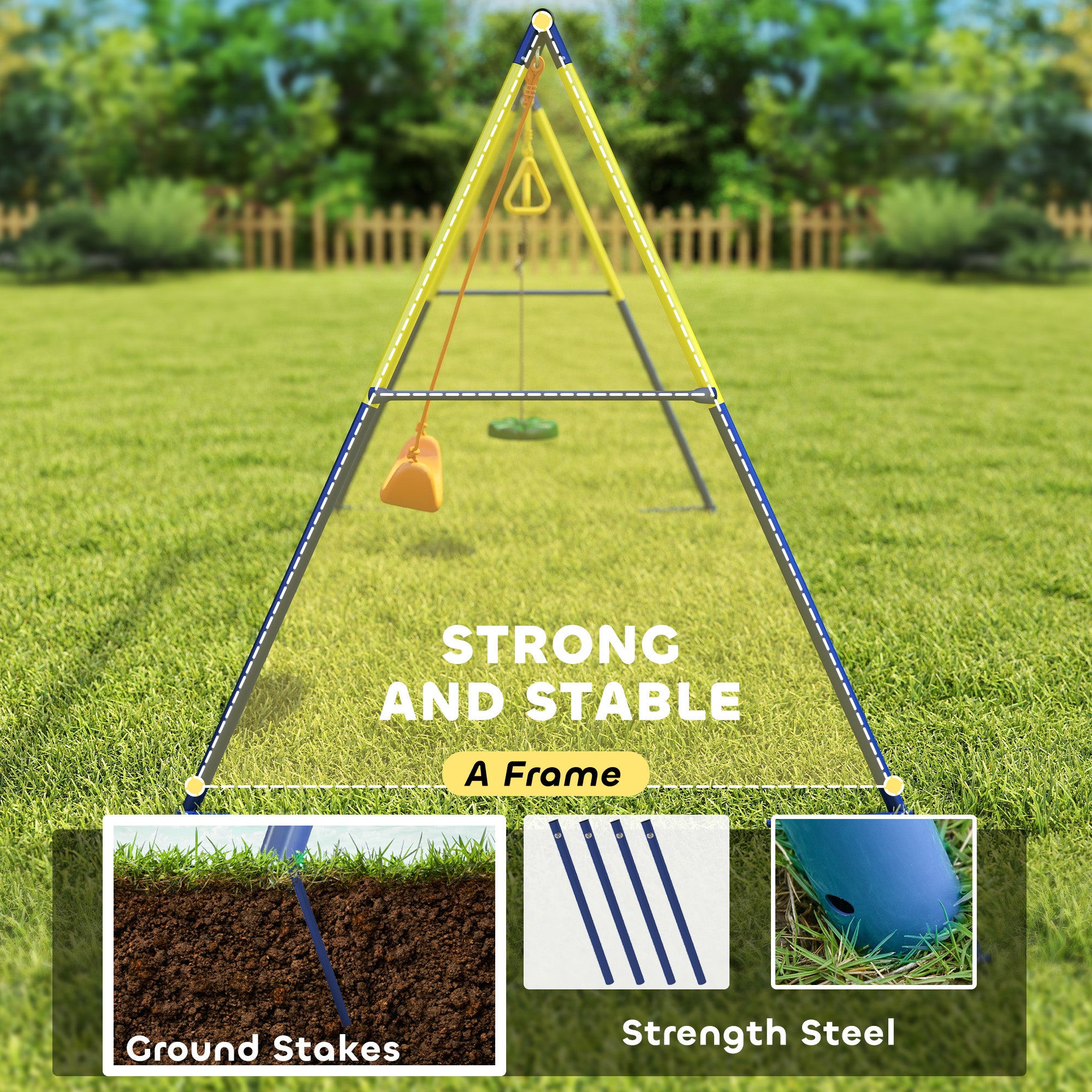 3-in-1 Kids Garden Swing Set with Standing Swing & Gym Rings, A-Frame Steel, Double Swings, 331 lb Capacity, Outdoor, Ages 3-8, 112.2 x 63 x 71.3 in