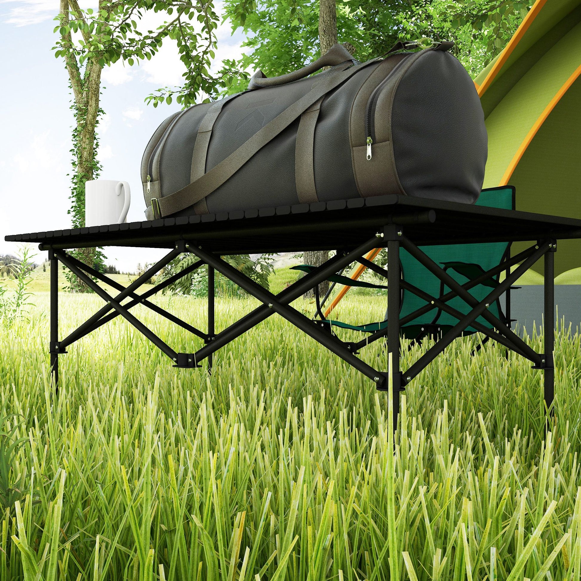 Folding Camping Table Metal 95x55x50 cm with Roll-Up Top and Carry Bag Portable Lightweight Picnic Table for Camping Hiking Beach Black