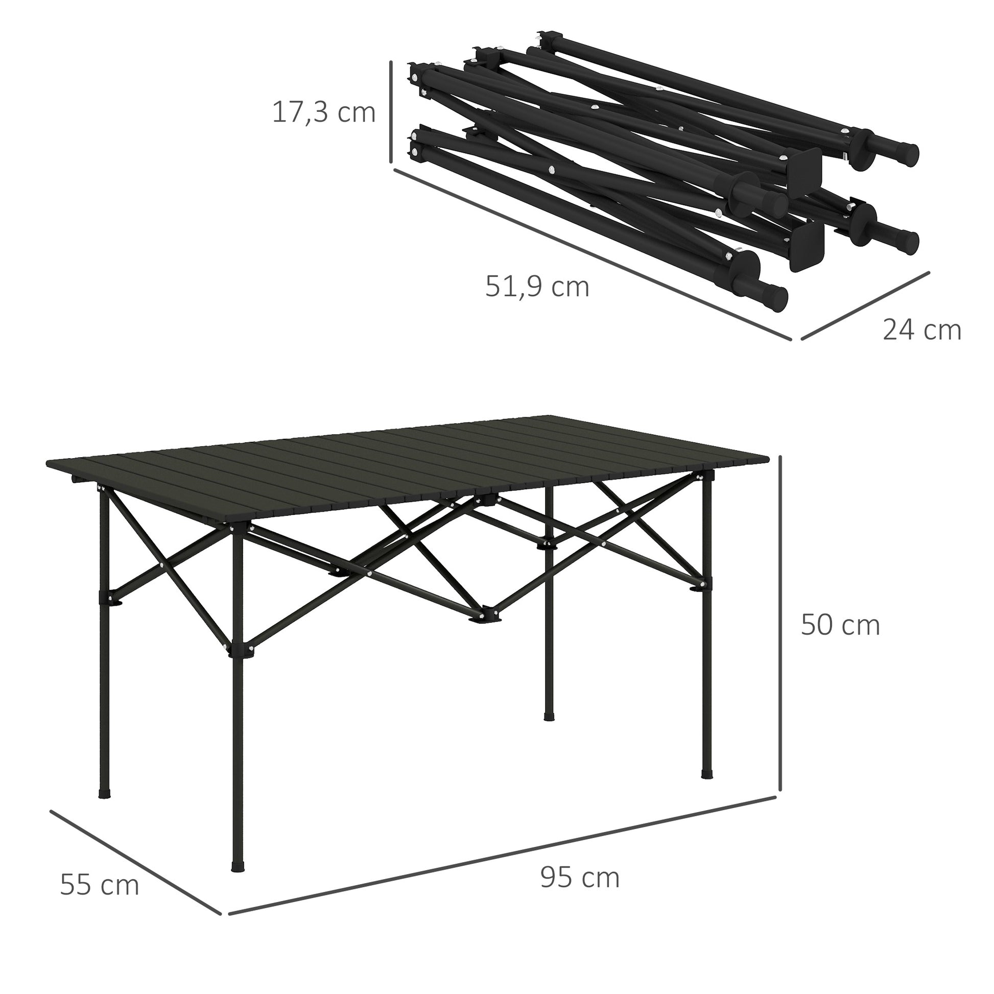 Folding Camping Table Metal 95x55x50 cm with Roll-Up Top and Carry Bag Portable Lightweight Picnic Table for Camping Hiking Beach Black