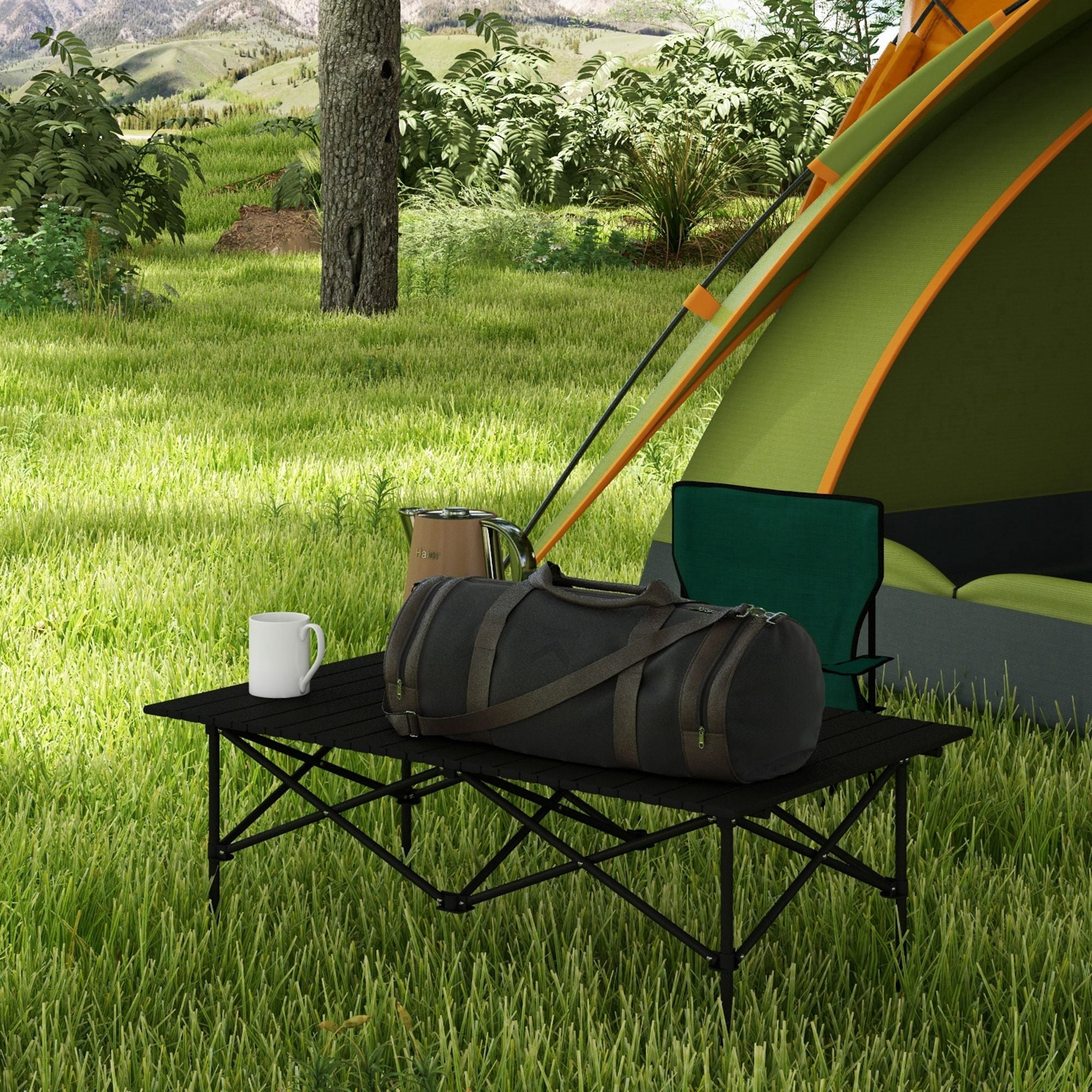 Folding Camping Table Metal 95x55x50 cm with Roll-Up Top and Carry Bag Portable Lightweight Picnic Table for Camping Hiking Beach Black