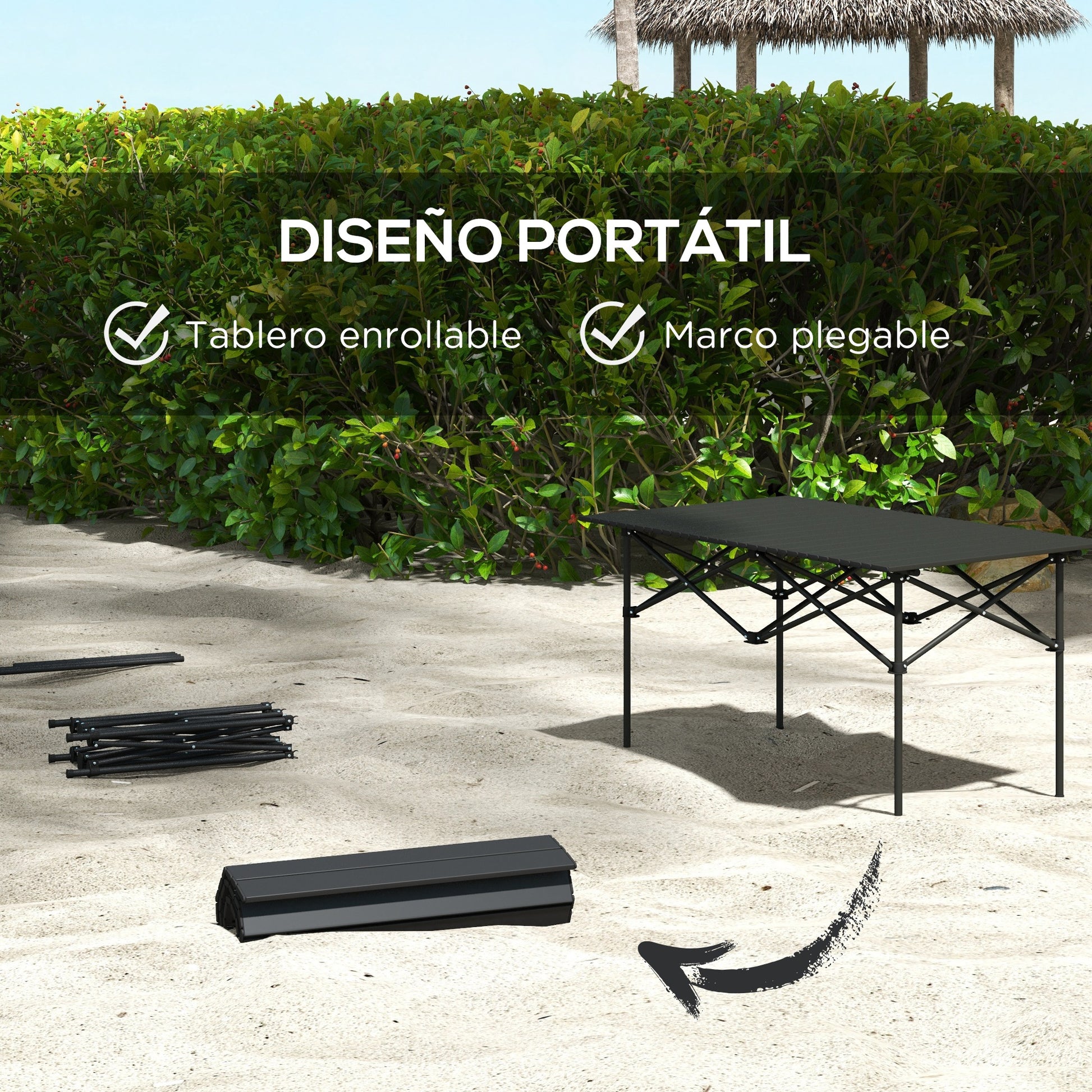 Folding Camping Table Metal 95x55x50 cm with Roll-Up Top and Carry Bag Portable Lightweight Picnic Table for Camping Hiking Beach Black
