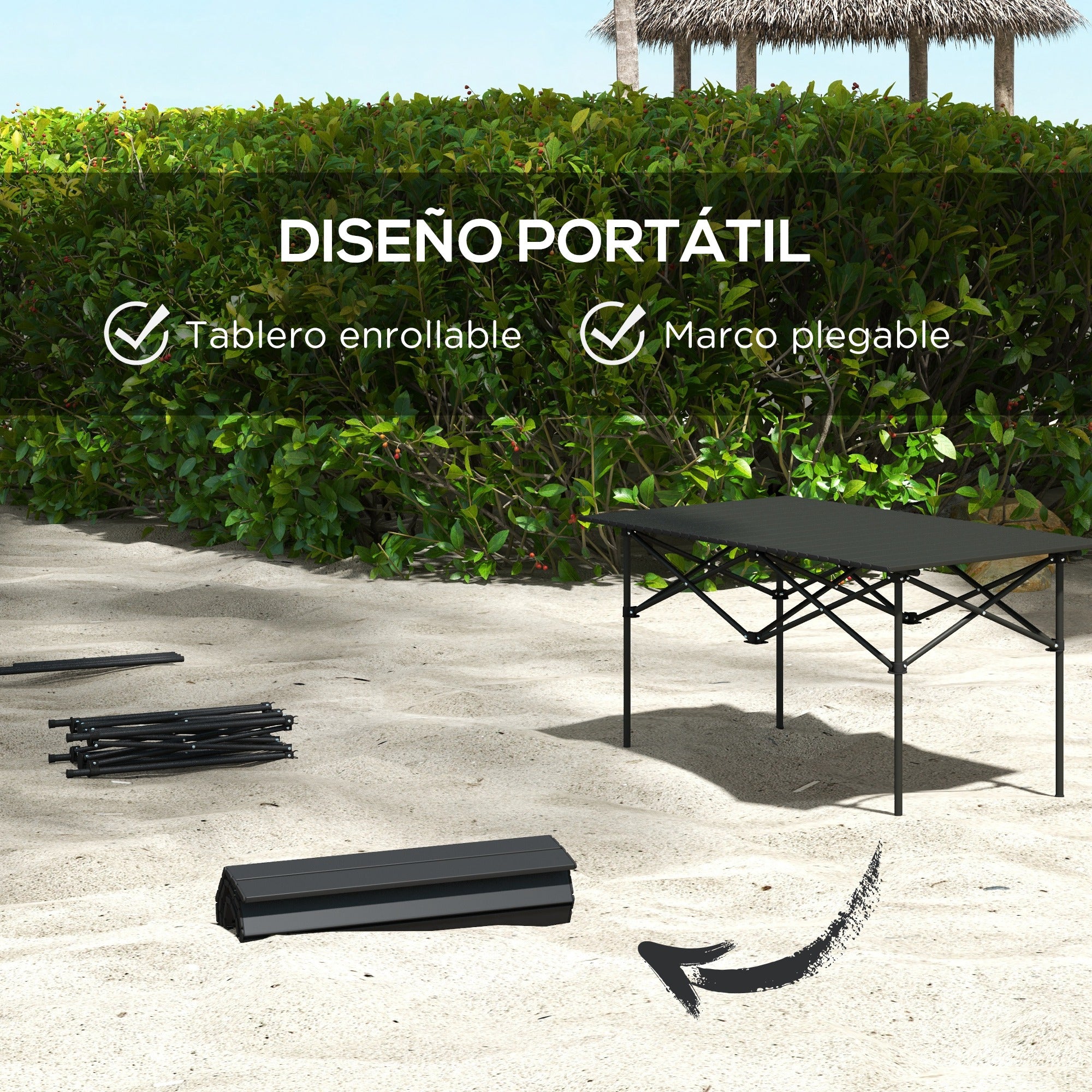 Folding Camping Table Metal 95x55x50 cm with Roll-Up Top and Carry Bag Portable Lightweight Picnic Table for Camping Hiking Beach Black
