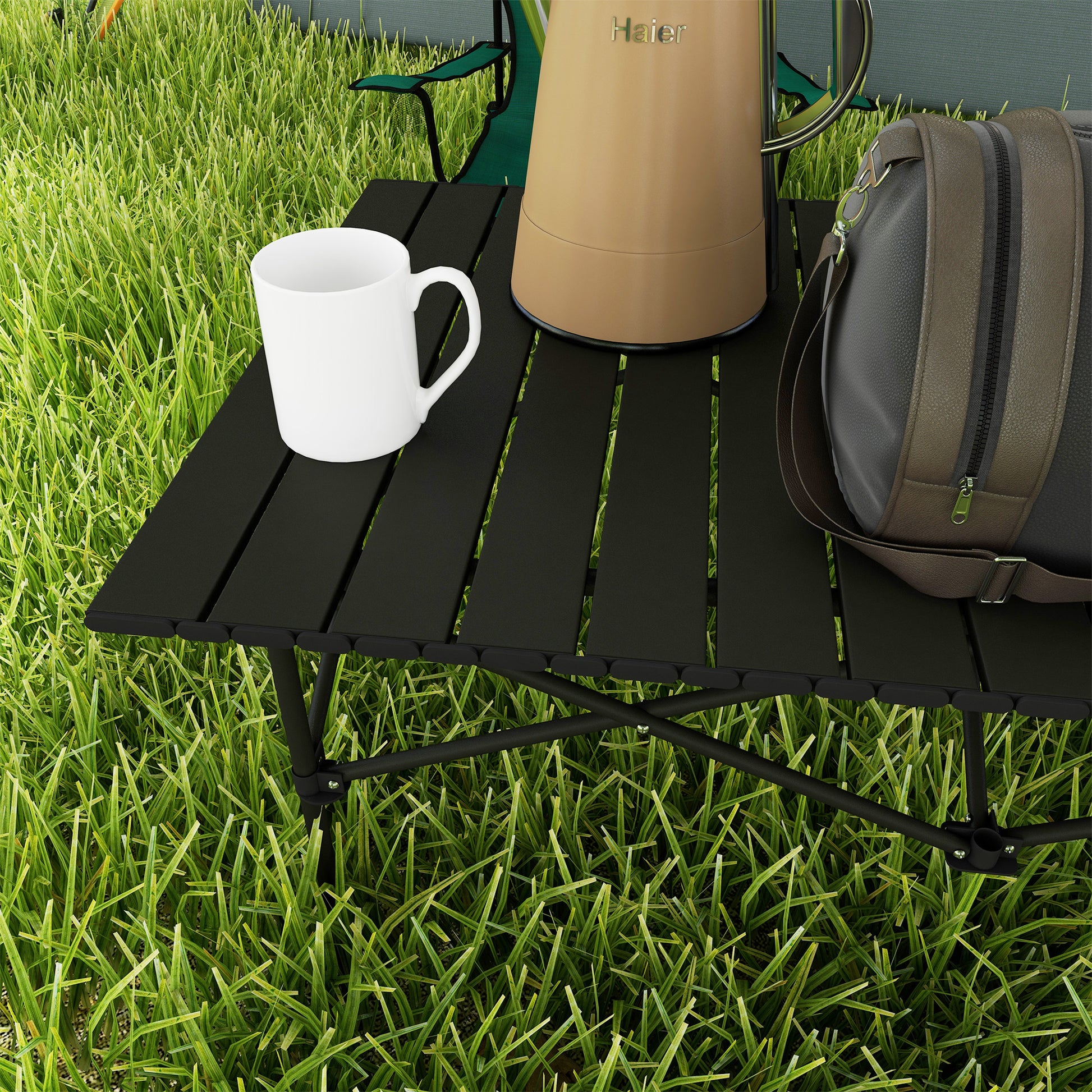 Folding Camping Table Metal 95x55x50 cm with Roll-Up Top and Carry Bag Portable Lightweight Picnic Table for Camping Hiking Beach Black