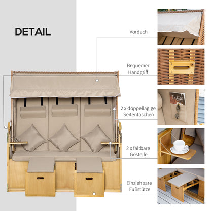 Beach Chair 3-Seater Sun Lounger with Roof 2 Folding Tables Footstool Chaise Longue 5-Position Backrest XXL Poly Rattan Natural 150 x 79 x 160 cm