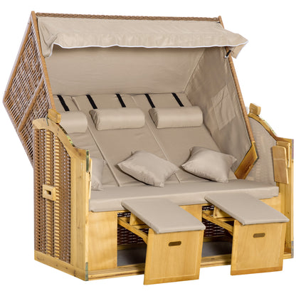 Beach Chair 3-Seater Sun Lounger with Roof 2 Folding Tables Footstool Chaise Longue 5-Position Backrest XXL Poly Rattan Natural 150 x 79 x 160 cm