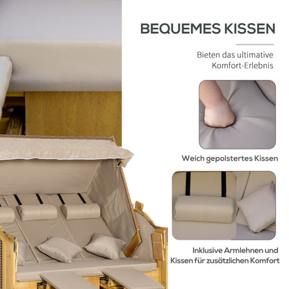 Beach Chair 3-Seater Sun Lounger with Roof 2 Folding Tables Footstool Chaise Longue 5-Position Backrest XXL Poly Rattan Natural 150 x 79 x 160 cm