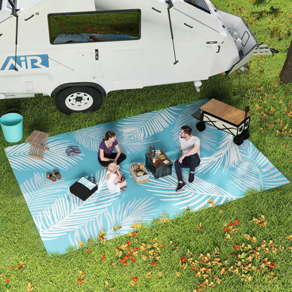 Reversible Durable Weatherproof Outdoor Rug with Carry Bag & Ground Anchors for Balcony, Garden, Patio, Bathroom, Hallway, Kitchen — 9' x 6' (274 x 182 cm), Light Blue & White