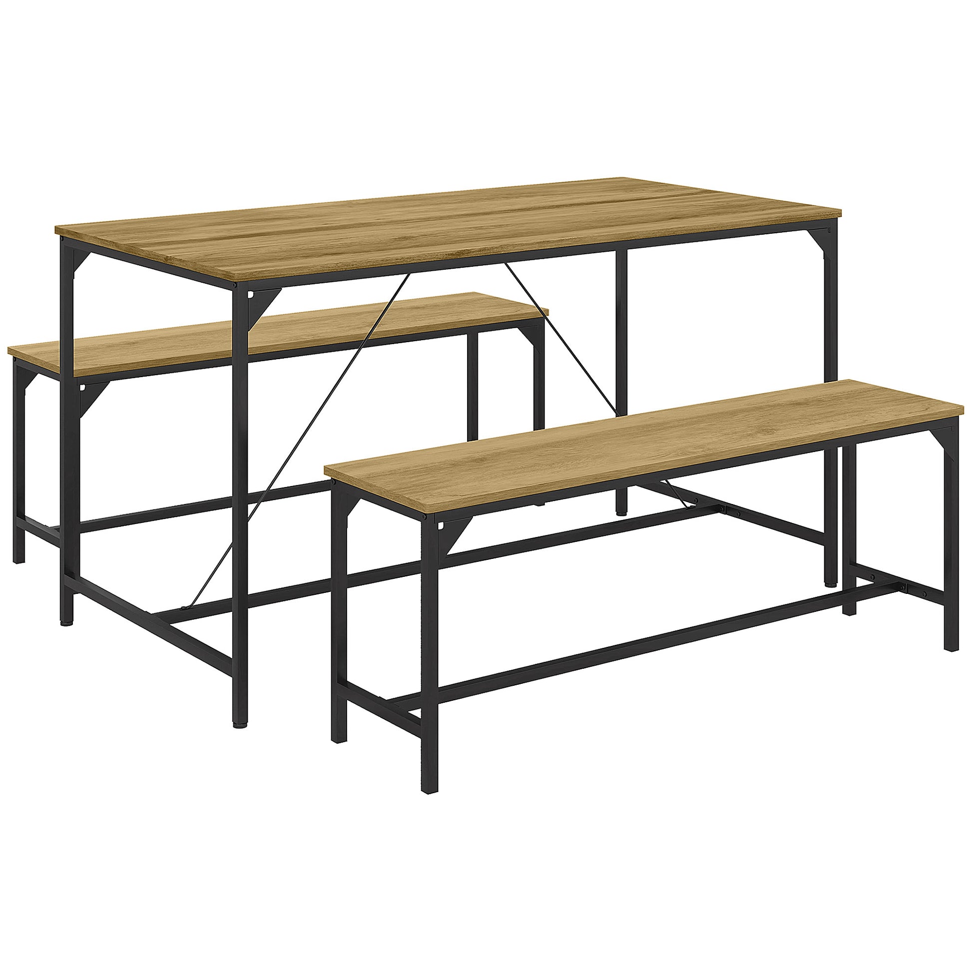 Dining Set 3-Piece, Kitchen Table Set, Dining Table with 2 Benches for 4 Persons, Dining Group, Table Set for Kitchen, Living Room, Natural