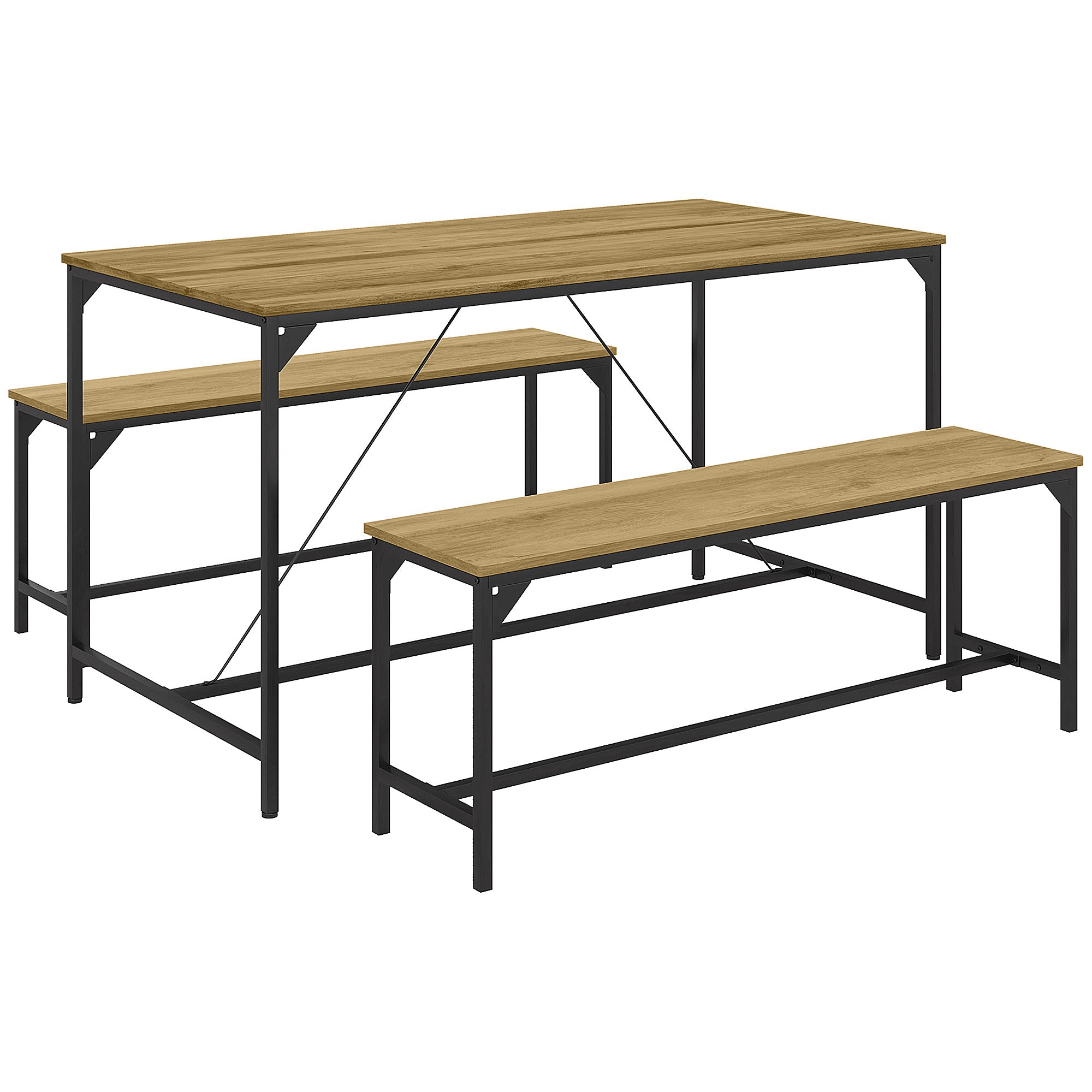 Dining Set 3-Piece, Kitchen Table Set, Dining Table with 2 Benches for 4 Persons, Dining Group, Table Set for Kitchen, Living Room, Natural