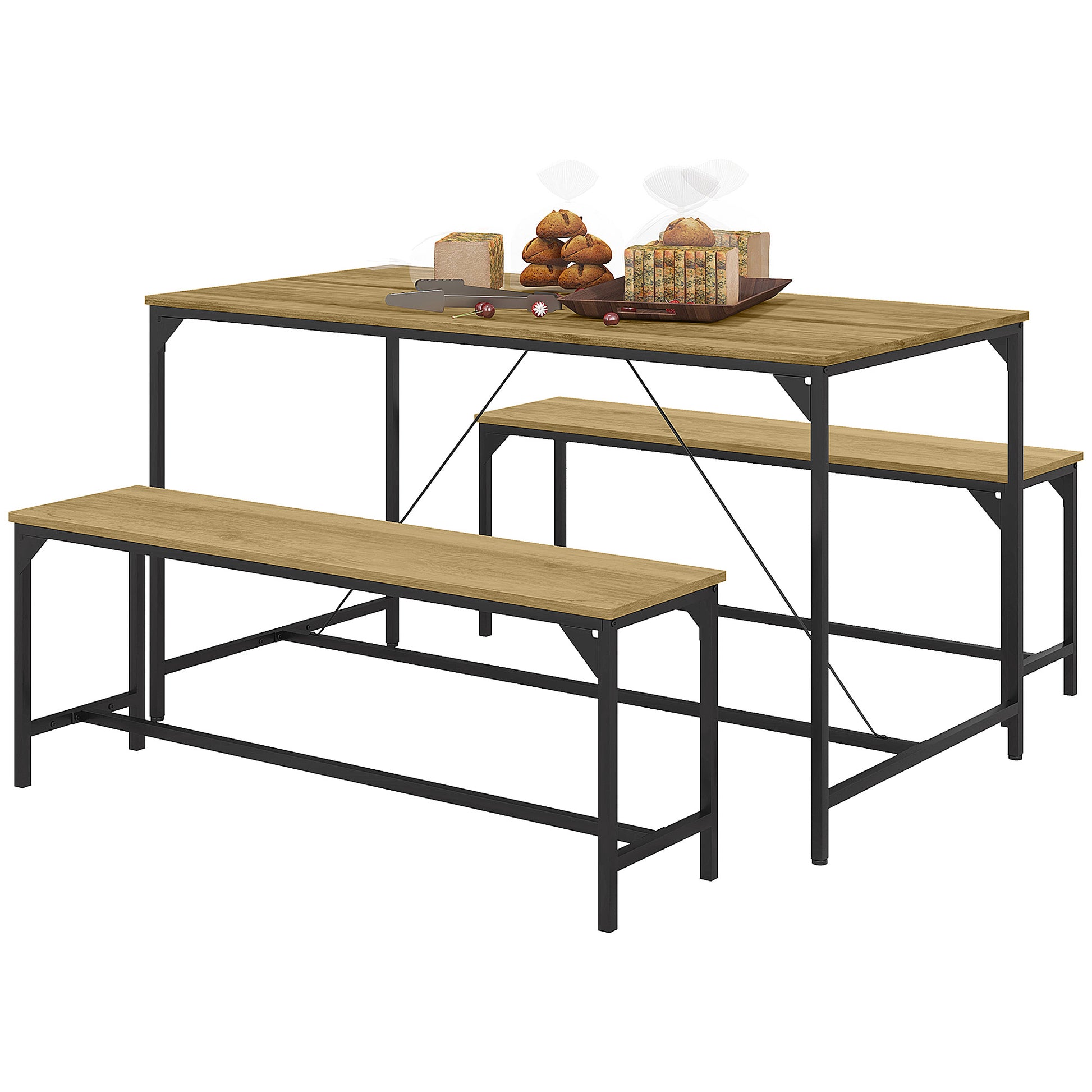 Dining Set 3-Piece, Kitchen Table Set, Dining Table with 2 Benches for 4 Persons, Dining Group, Table Set for Kitchen, Living Room, Natural