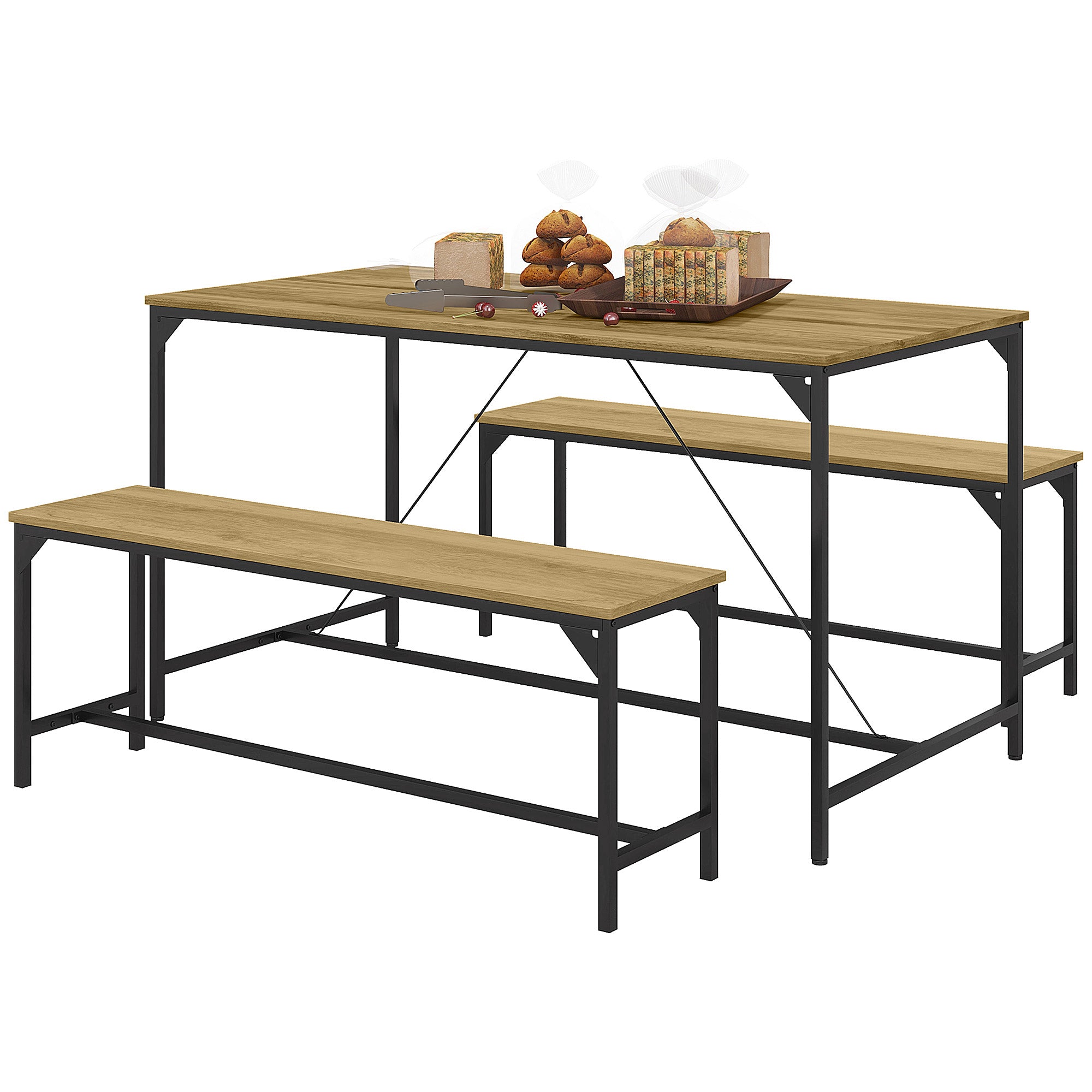 Dining Set 3-Piece, Kitchen Table Set, Dining Table with 2 Benches for 4 Persons, Dining Group, Table Set for Kitchen, Living Room, Natural