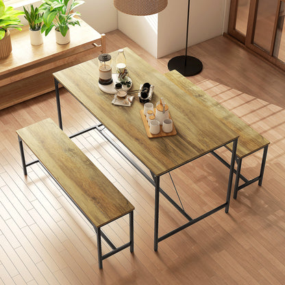 Dining Set 3-Piece, Kitchen Table Set, Dining Table with 2 Benches for 4 Persons, Dining Group, Table Set for Kitchen, Living Room, Natural