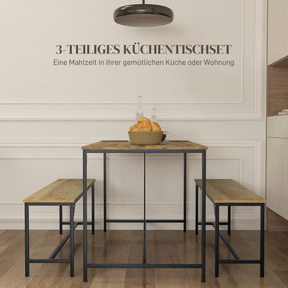 Dining Set 3-Piece, Kitchen Table Set, Dining Table with 2 Benches for 4 Persons, Dining Group, Table Set for Kitchen, Living Room, Natural