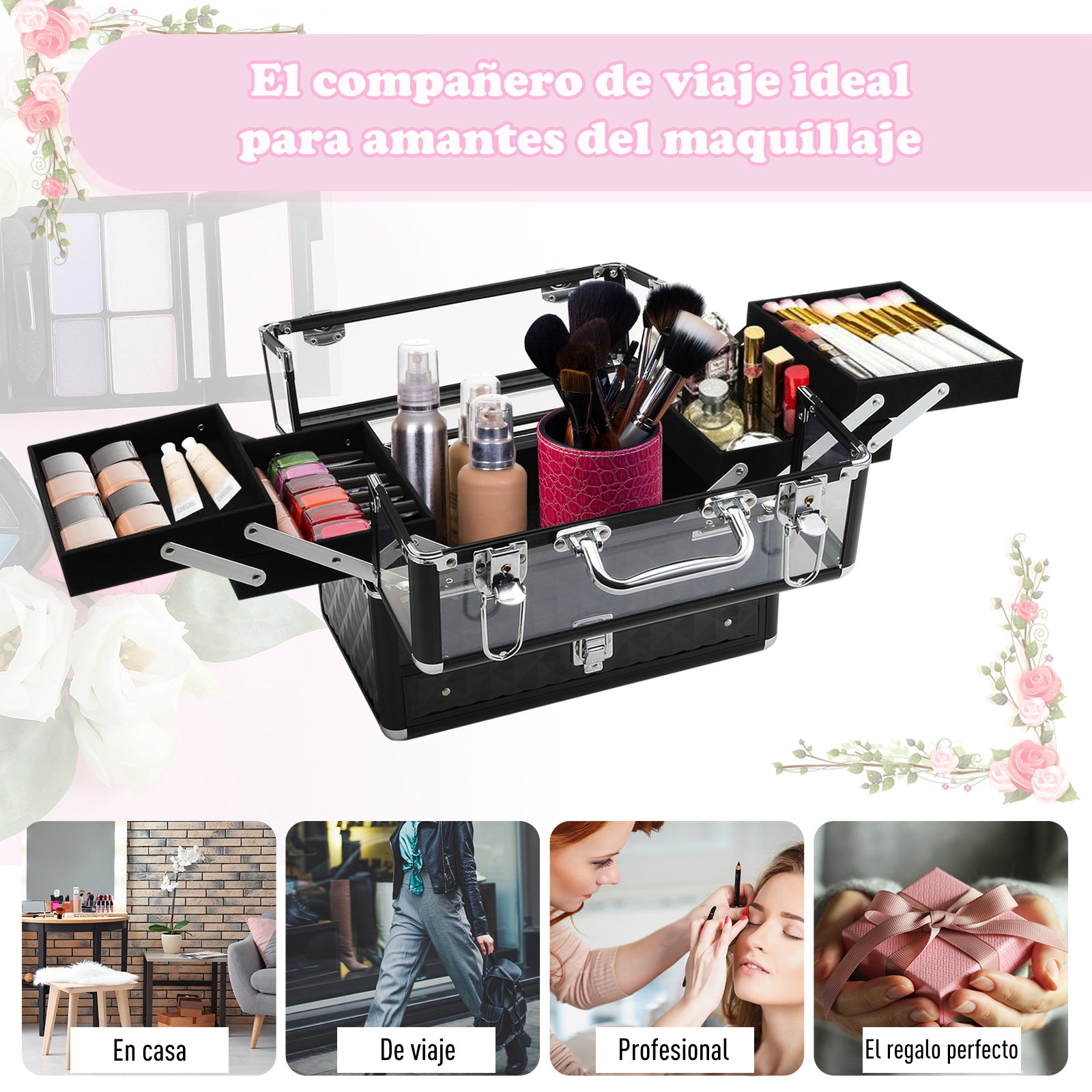 Makeup and Jewelry Case Cosmetic Organizer Portable Multilevel with Handle and Foldable Trays Aluminum Alloy 30x18.5x22 cm Transparent and Black