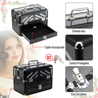 Makeup and Jewelry Case Cosmetic Organizer Portable Multilevel with Handle and Foldable Trays Aluminum Alloy 30x18.5x22 cm Transparent and Black