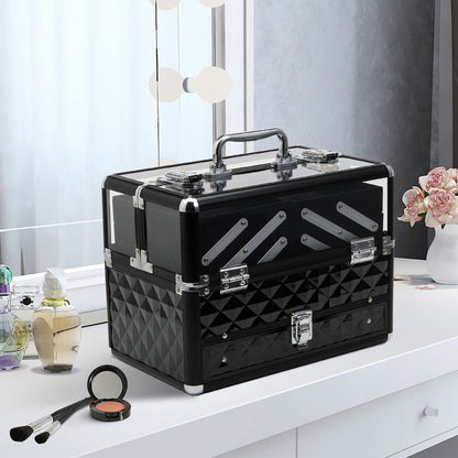 Makeup and Jewelry Case Cosmetic Organizer Portable Multilevel with Handle and Foldable Trays Aluminum Alloy 30x18.5x22 cm Transparent and Black