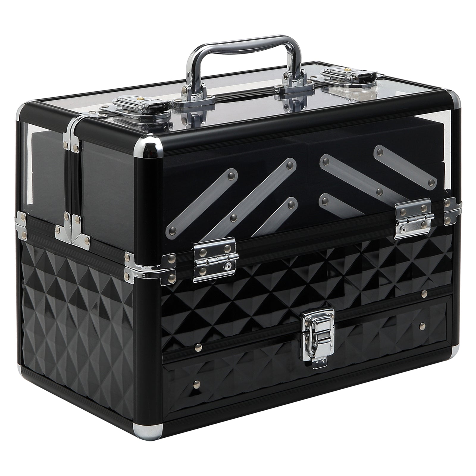 Makeup and Jewelry Case Cosmetic Organizer Portable Multilevel with Handle and Foldable Trays Aluminum Alloy 30x18.5x22 cm Transparent and Black