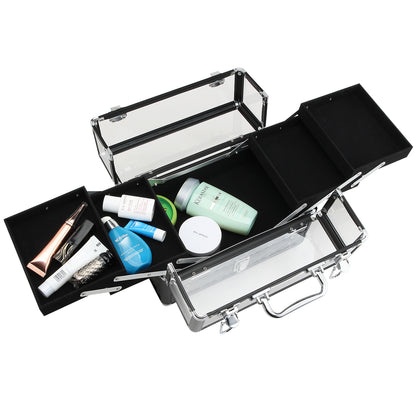 Makeup and Jewelry Case Cosmetic Organizer Portable Multilevel with Handle and Foldable Trays Aluminum Alloy 30x18.5x22 cm Transparent and Black