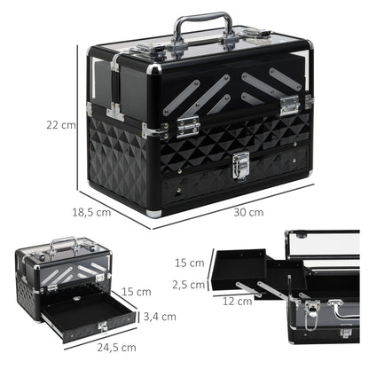Makeup and Jewelry Case Cosmetic Organizer Portable Multilevel with Handle and Foldable Trays Aluminum Alloy 30x18.5x22 cm Transparent and Black