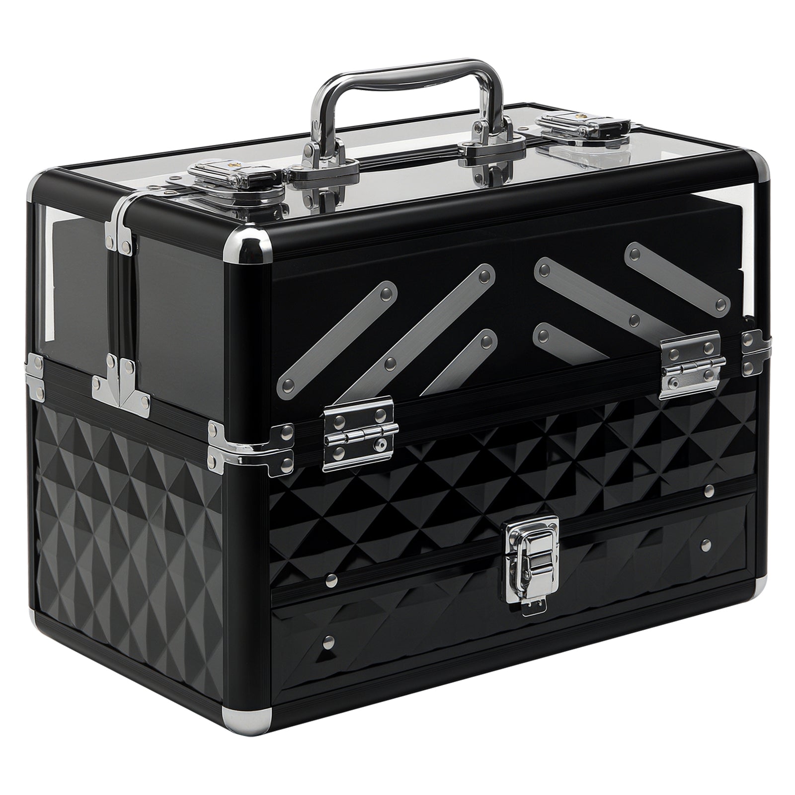 Makeup and Jewelry Case Cosmetic Organizer Portable Multilevel with Handle and Foldable Trays Aluminum Alloy 30x18.5x22 cm Transparent and Black