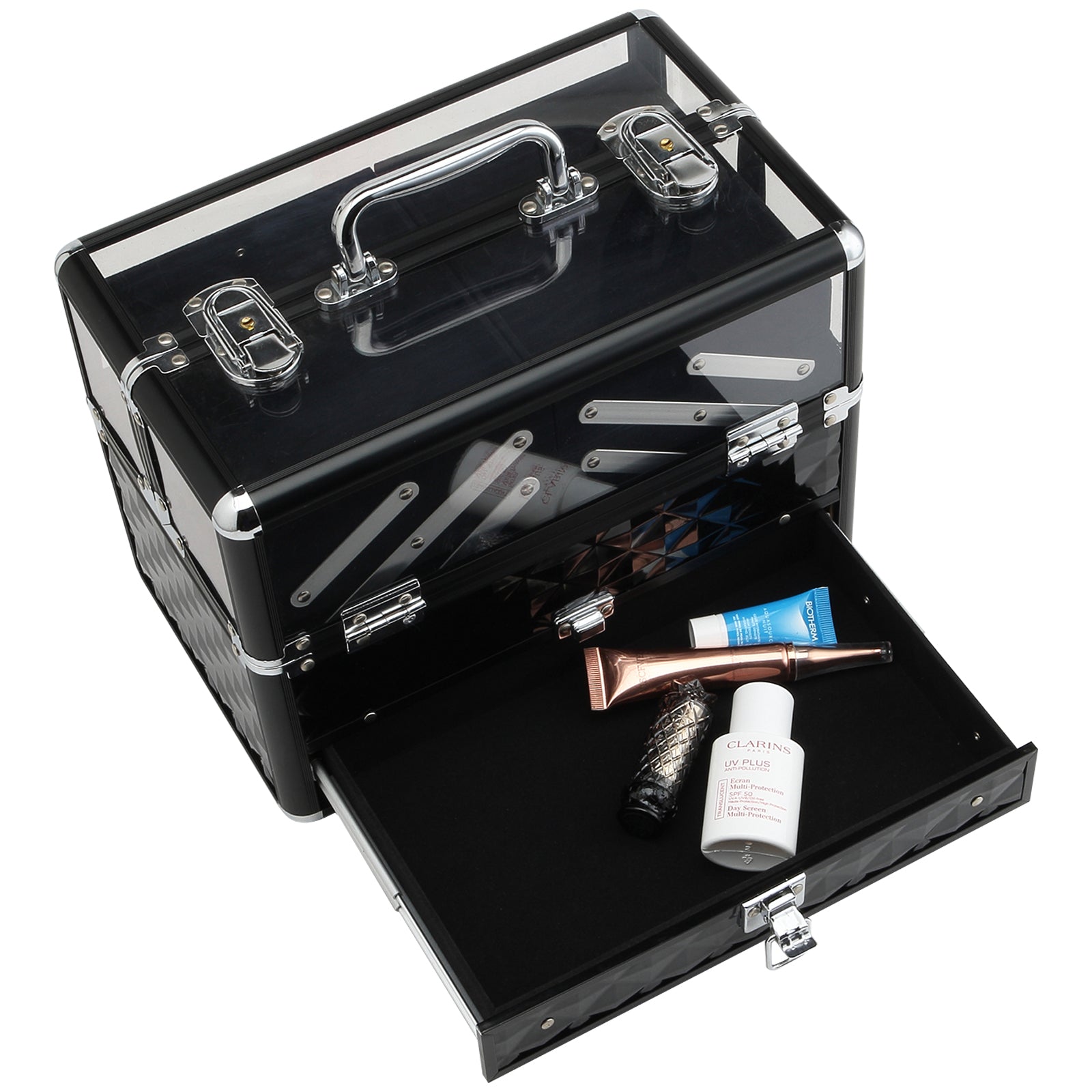 Makeup and Jewelry Case Cosmetic Organizer Portable Multilevel with Handle and Foldable Trays Aluminum Alloy 30x18.5x22 cm Transparent and Black