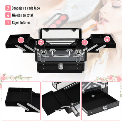 Makeup and Jewelry Case Cosmetic Organizer Portable Multilevel with Handle and Foldable Trays Aluminum Alloy 30x18.5x22 cm Transparent and Black