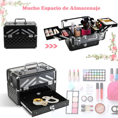 Makeup and Jewelry Case Cosmetic Organizer Portable Multilevel with Handle and Foldable Trays Aluminum Alloy 30x18.5x22 cm Transparent and Black