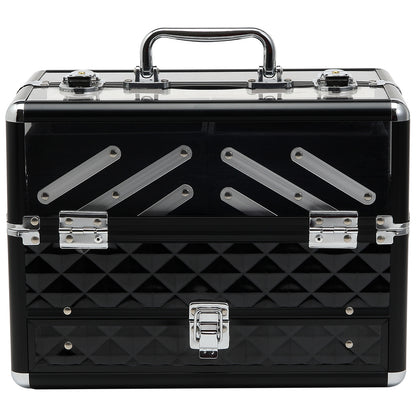 Makeup and Jewelry Case Cosmetic Organizer Portable Multilevel with Handle and Foldable Trays Aluminum Alloy 30x18.5x22 cm Transparent and Black