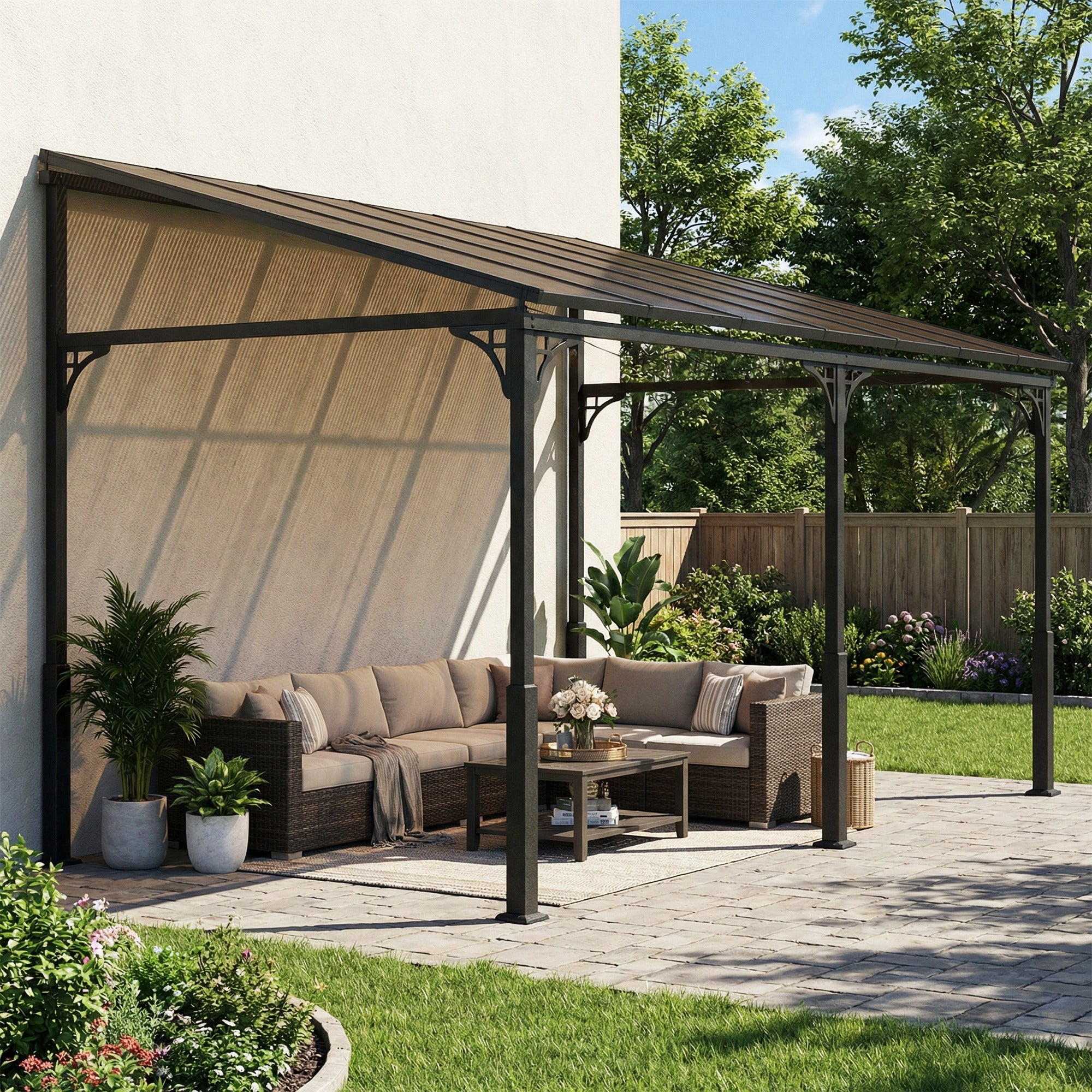 4 x 3 m Wall-Mounted Pergola with 7 mm Polycarbonate Roof — Metal & Aluminum Garden Gazebo, UV Protection, Brown