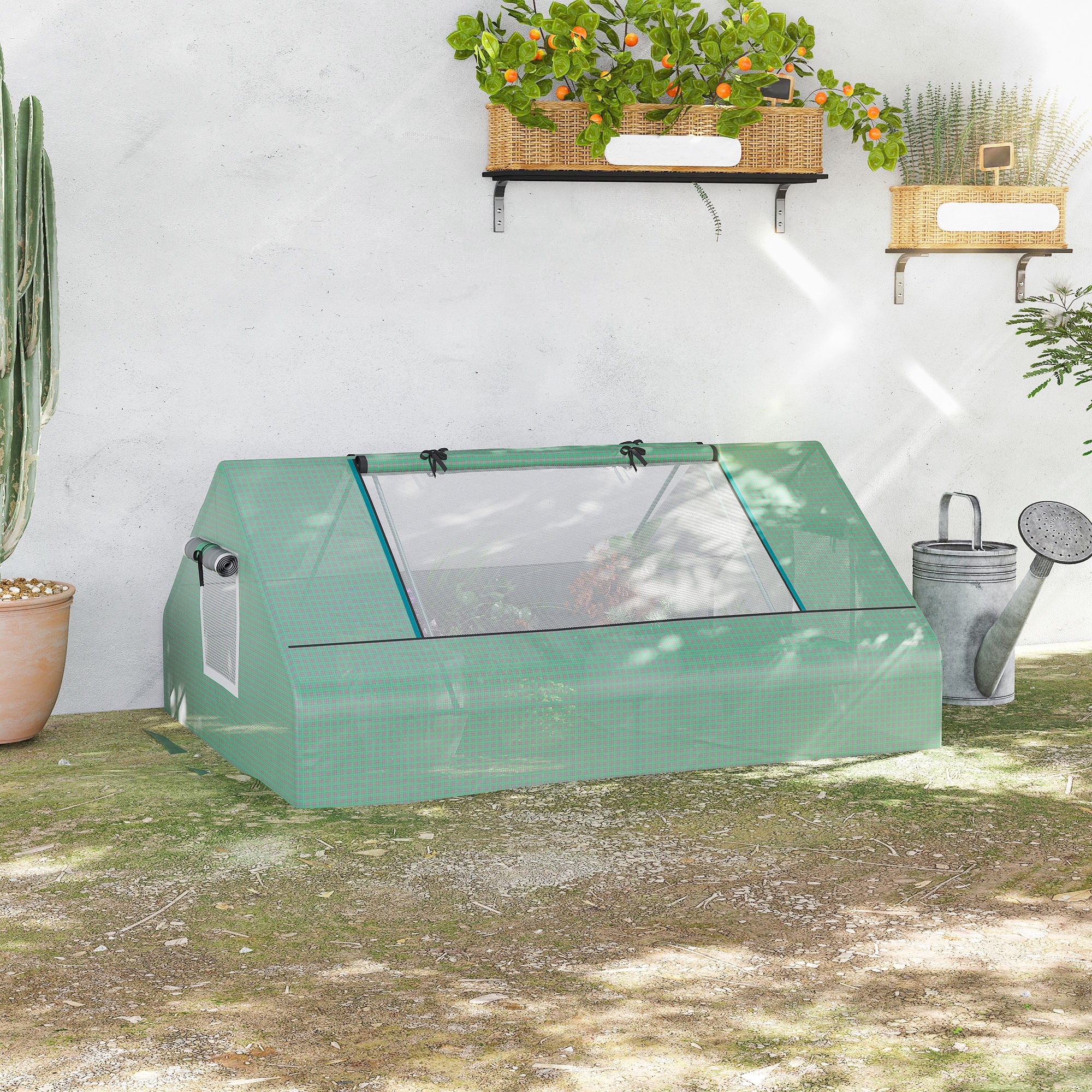 Rectangular Garden Steel Greenhouse with PE Cover, Roll-Up Doors and Windows, 180x140x80cm, Dark Green