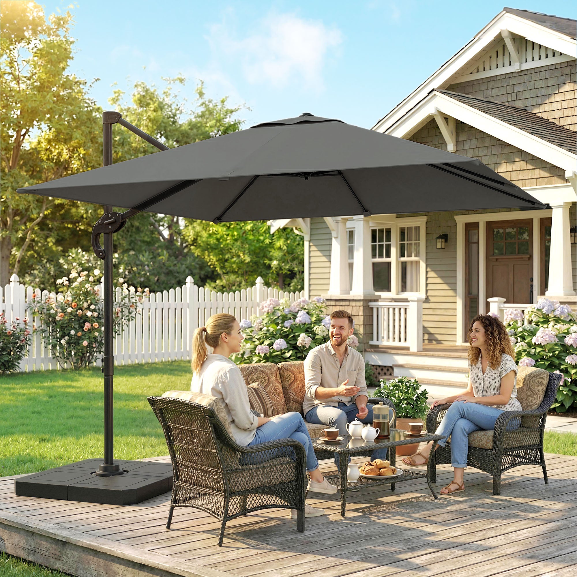 Aluminum Cantilever Umbrella Ø244 cm (8 ft) with Crank, Base Weights, Water-Resistant, 360° Swivel, Tiltable - Garden & Patio Parasol, Wind-Resistant, Dark Gray