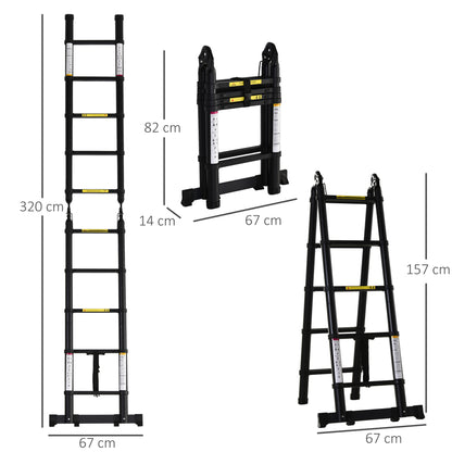Telescopic Folding Multifunctional Stable A Frame Portable 10-Step Ladder 3 Ways Supports 150 kg Aluminum 320x67x7 cm Black