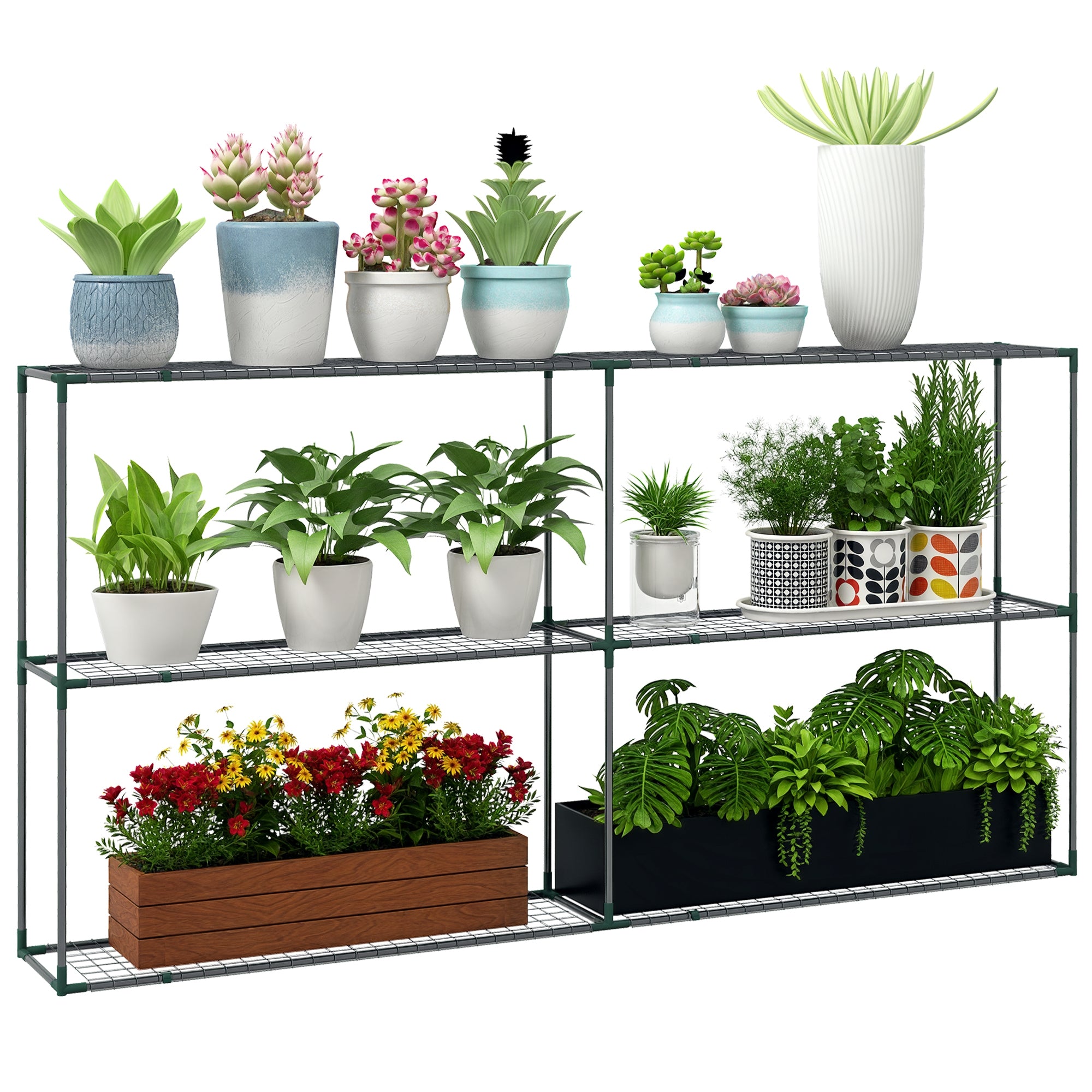 Plant Stand, Flower Rack Plant Staircase with 3 Tiers, Plant Stand, Flower Stand for Garden, Balcony, Steel, Dark Green, 222 x 30 x 114 cm