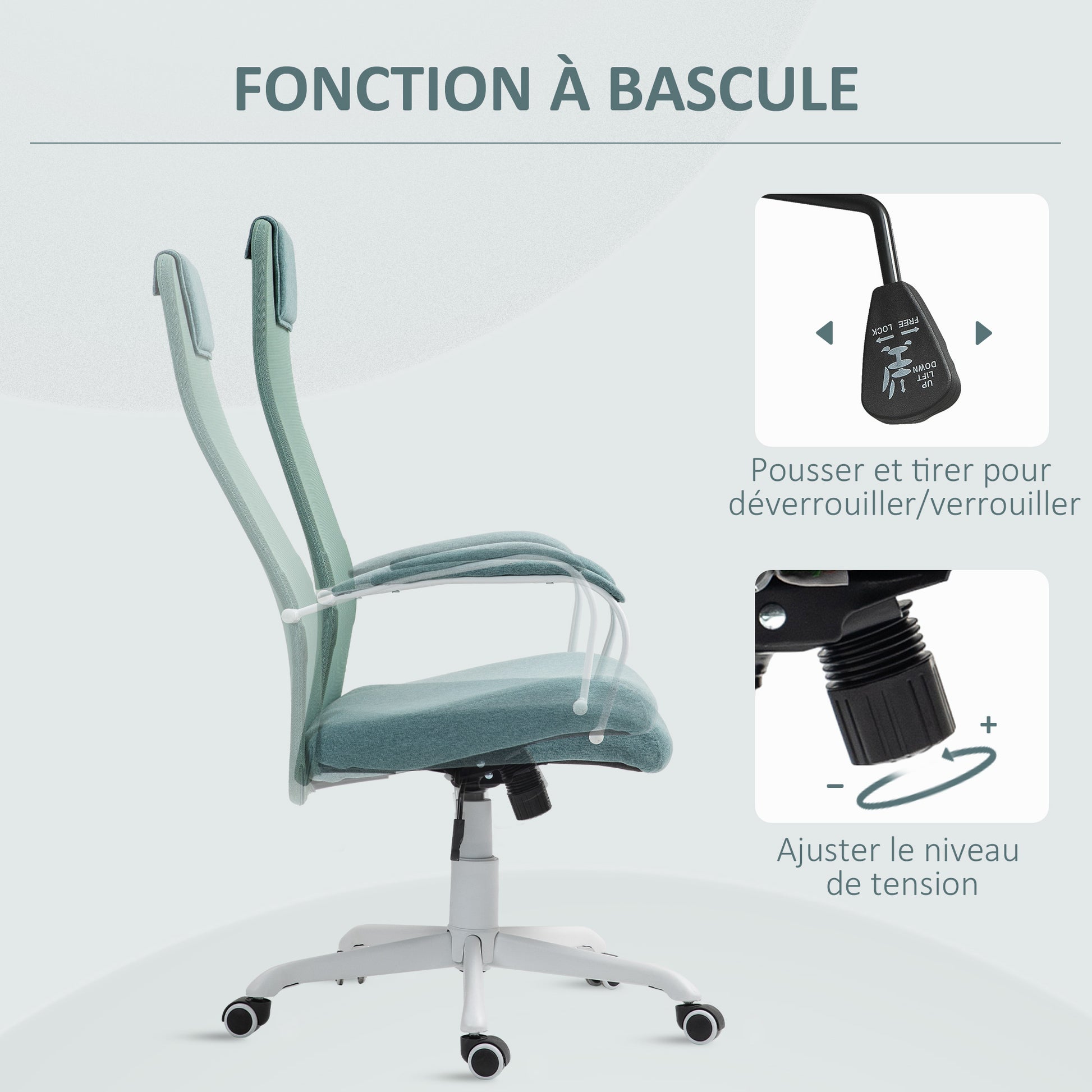 Ergonomic Office Chair, Desk Chair, Rocking Function, Adjustable Seat Height, Swivel Wheels and Seat, Breathable Linen Effect Fabric, 120 kg Weight Capacity, Green