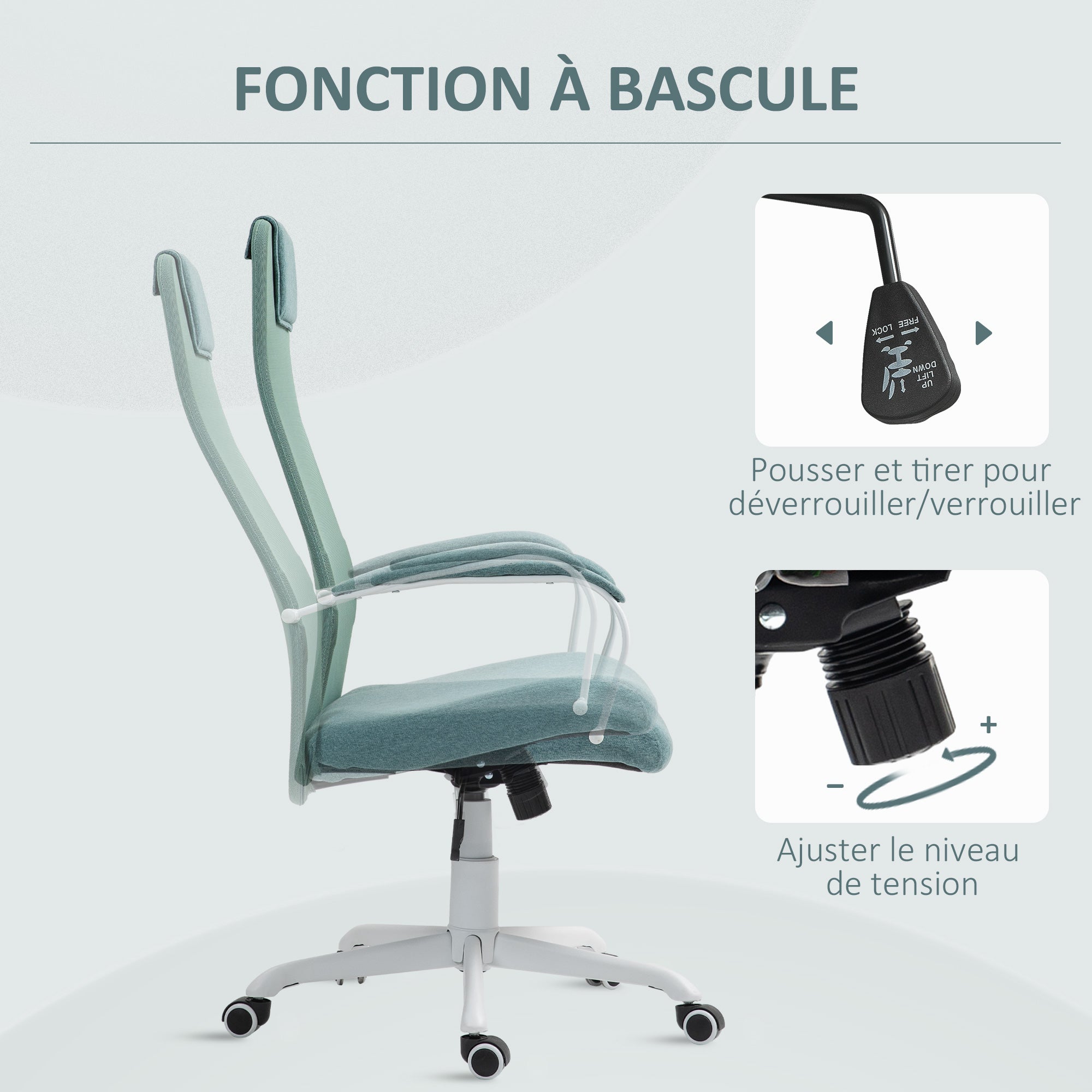Ergonomic Office Chair, Desk Chair, Rocking Function, Adjustable Seat Height, Swivel Wheels and Seat, Breathable Linen Effect Fabric, 120 kg Weight Capacity, Green
