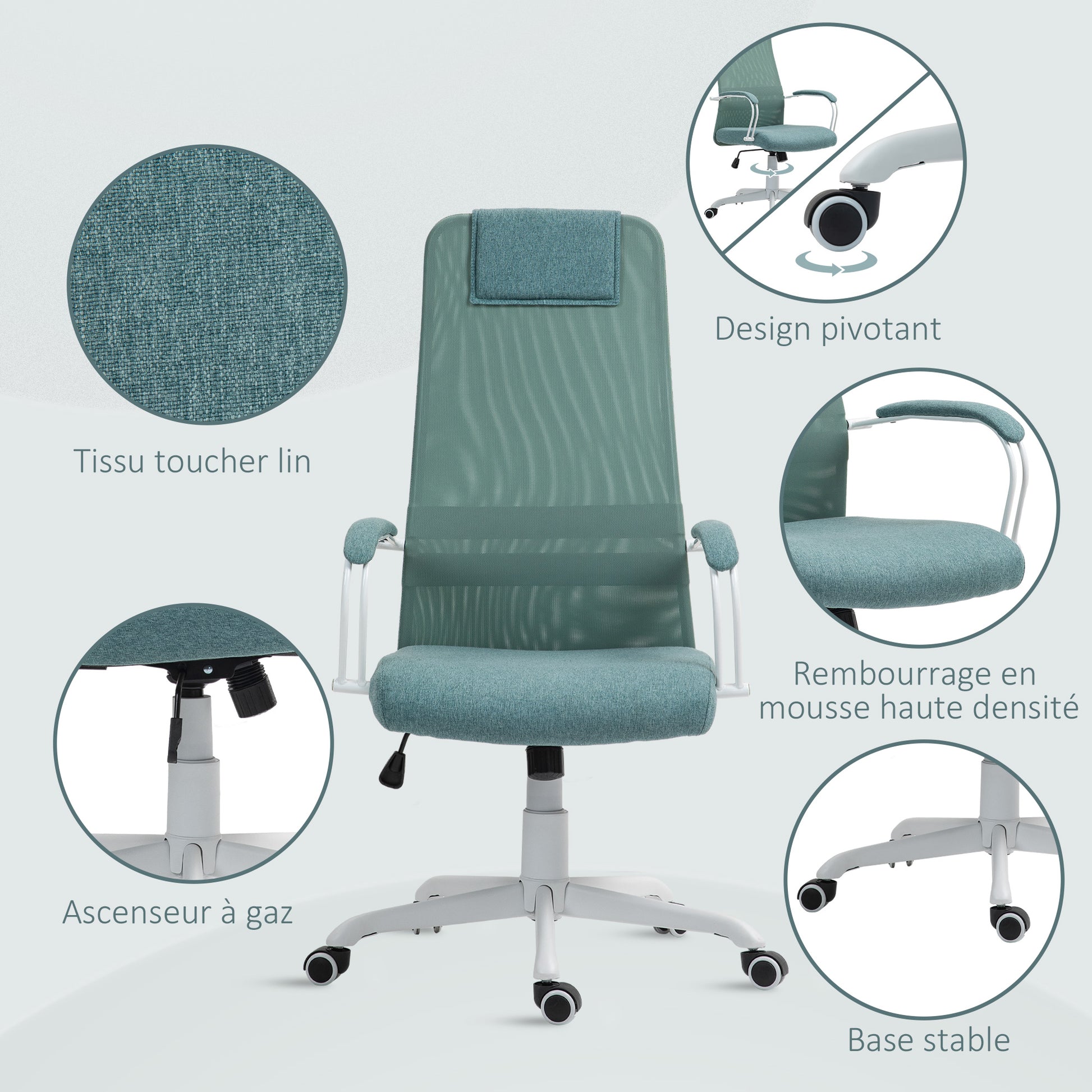 Ergonomic Office Chair, Desk Chair, Rocking Function, Adjustable Seat Height, Swivel Wheels and Seat, Breathable Linen Effect Fabric, 120 kg Weight Capacity, Green