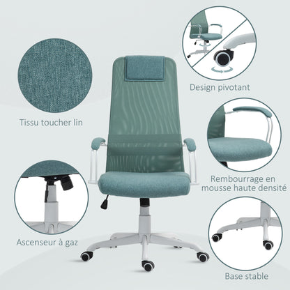 Ergonomic Office Chair, Desk Chair, Rocking Function, Adjustable Seat Height, Swivel Wheels and Seat, Breathable Linen Effect Fabric, 120 kg Weight Capacity, Green