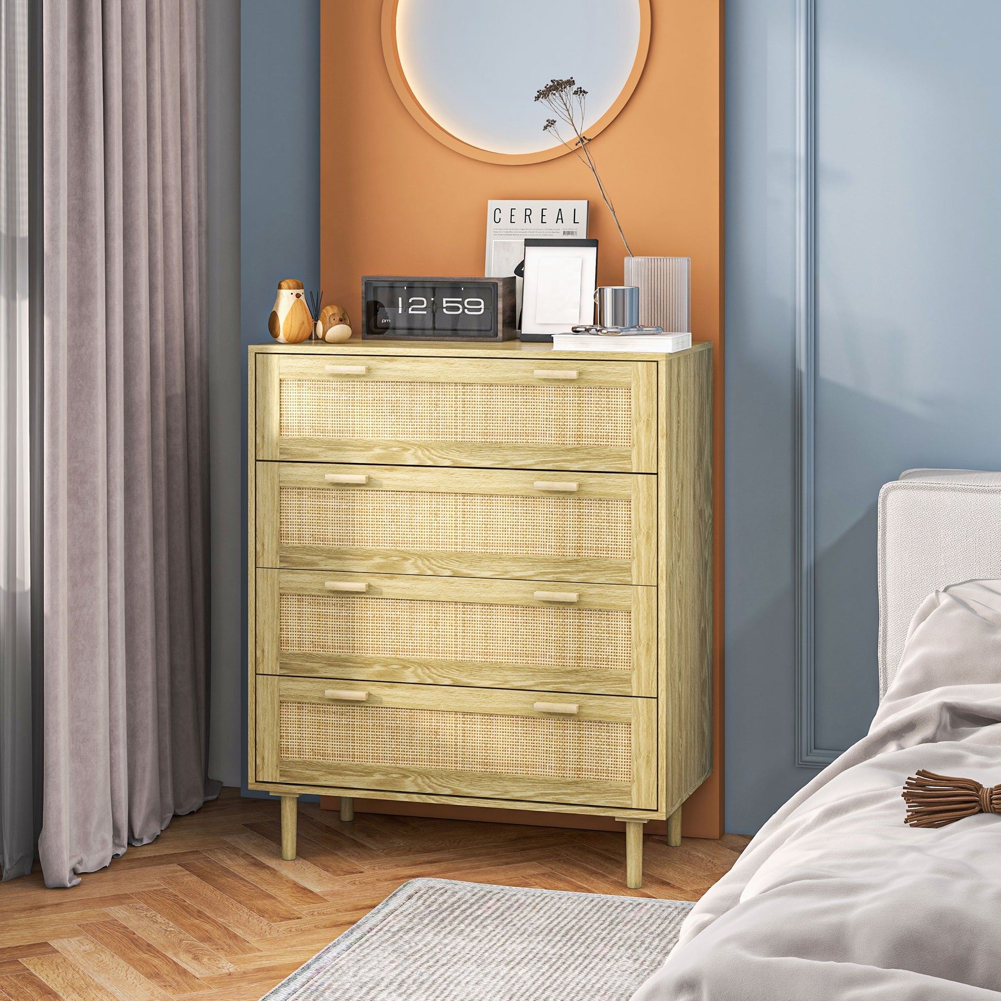 4-Drawer Bedroom Chest Storage Unit with Rattan Weave Front Boho Style in Light Wood Look 90L x 45W x 108.5H cm