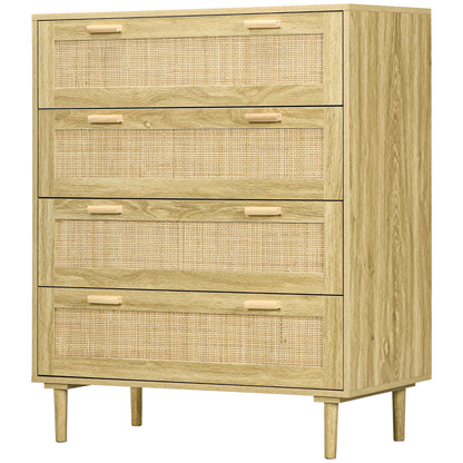 4-Drawer Bedroom Chest Storage Unit with Rattan Weave Front Boho Style in Light Wood Look 90L x 45W x 108.5H cm