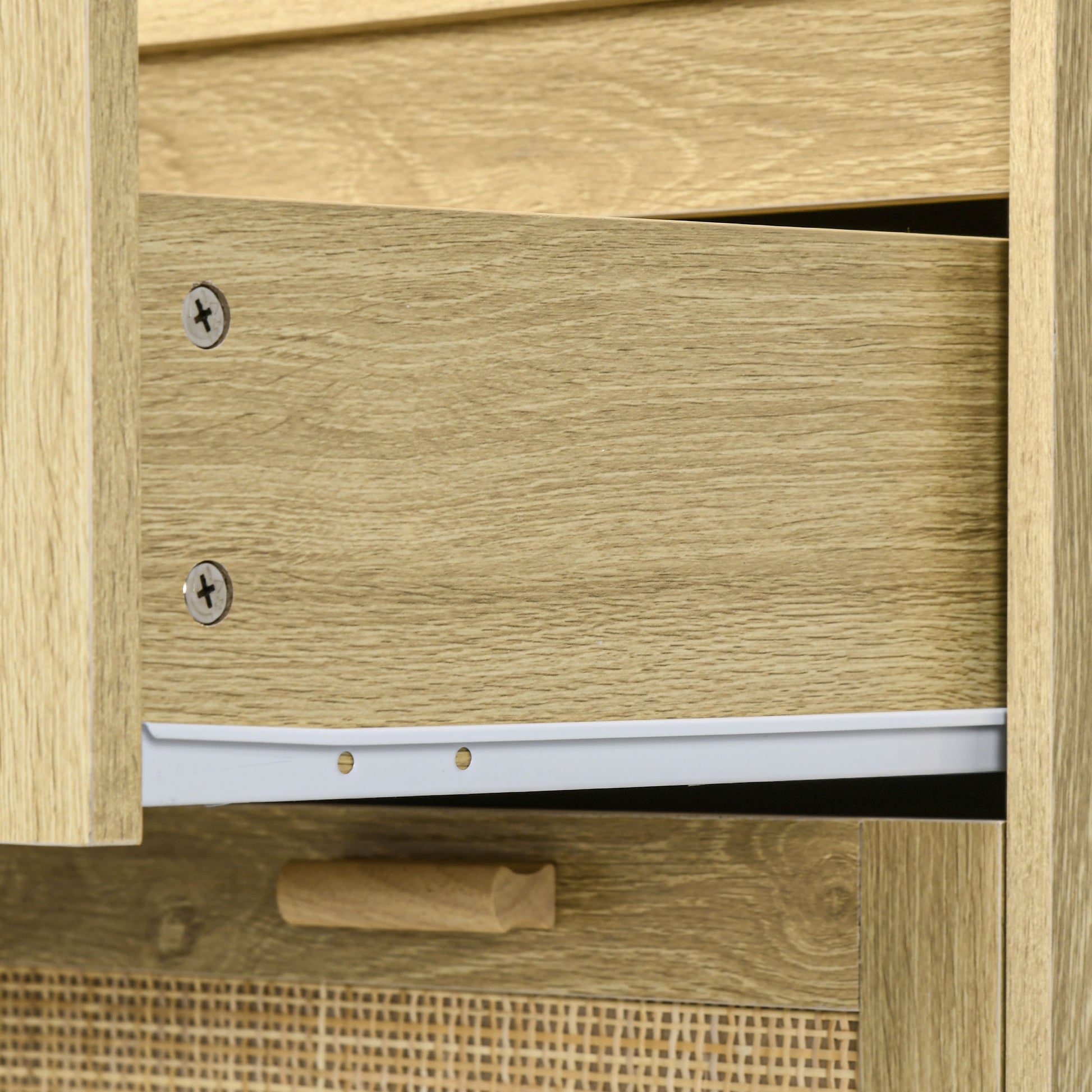 4-Drawer Bedroom Chest Storage Unit with Rattan Weave Front Boho Style in Light Wood Look 90L x 45W x 108.5H cm