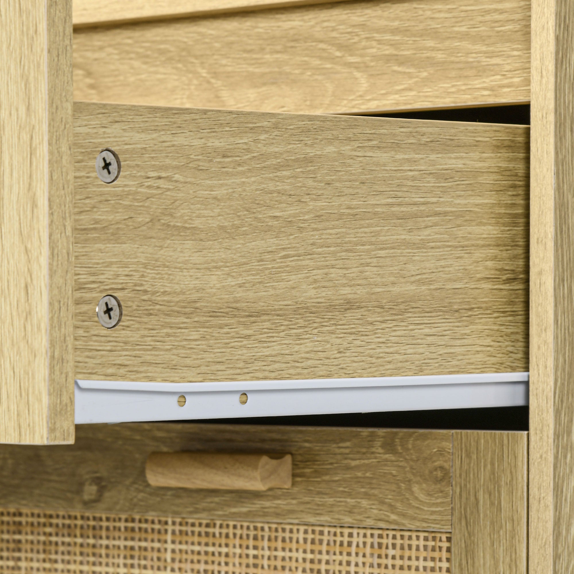4-Drawer Bedroom Chest Storage Unit with Rattan Weave Front Boho Style in Light Wood Look 90L x 45W x 108.5H cm