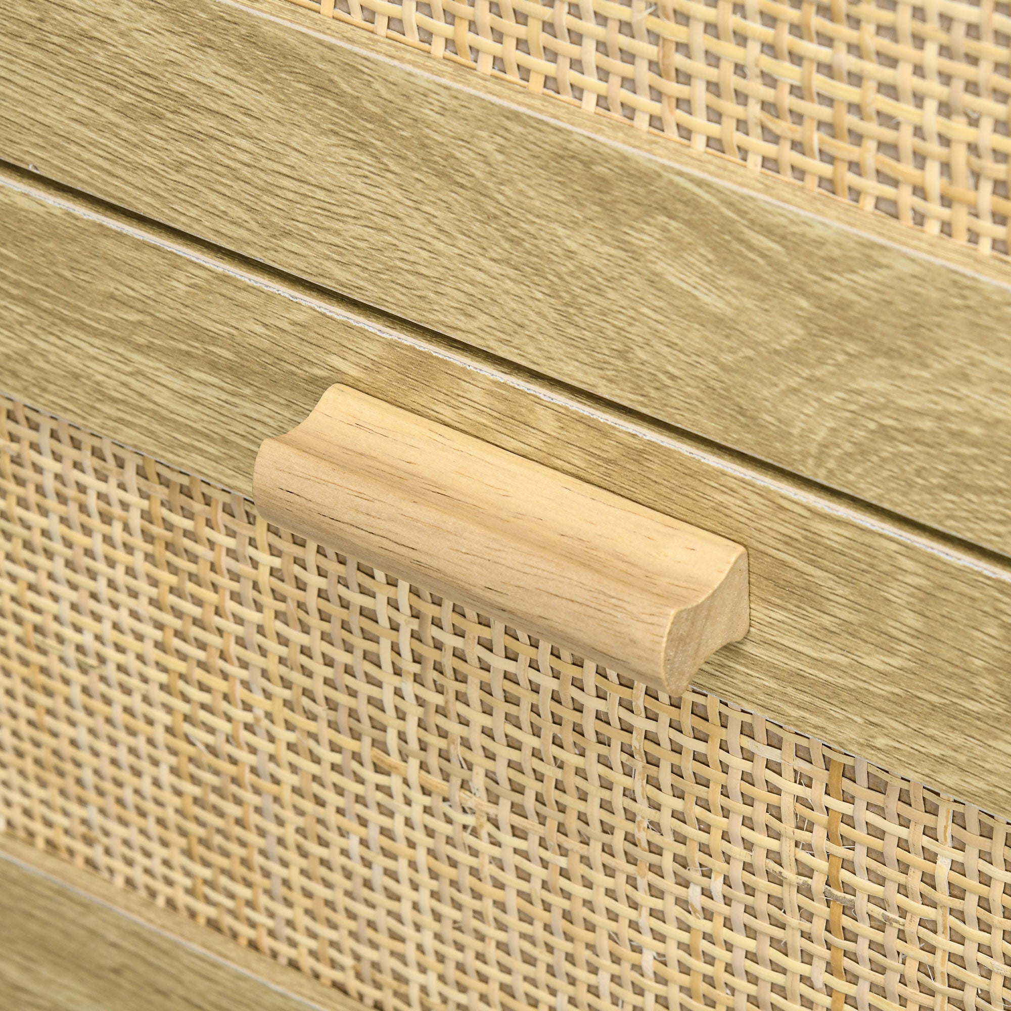 4-Drawer Bedroom Chest Storage Unit with Rattan Weave Front Boho Style in Light Wood Look 90L x 45W x 108.5H cm